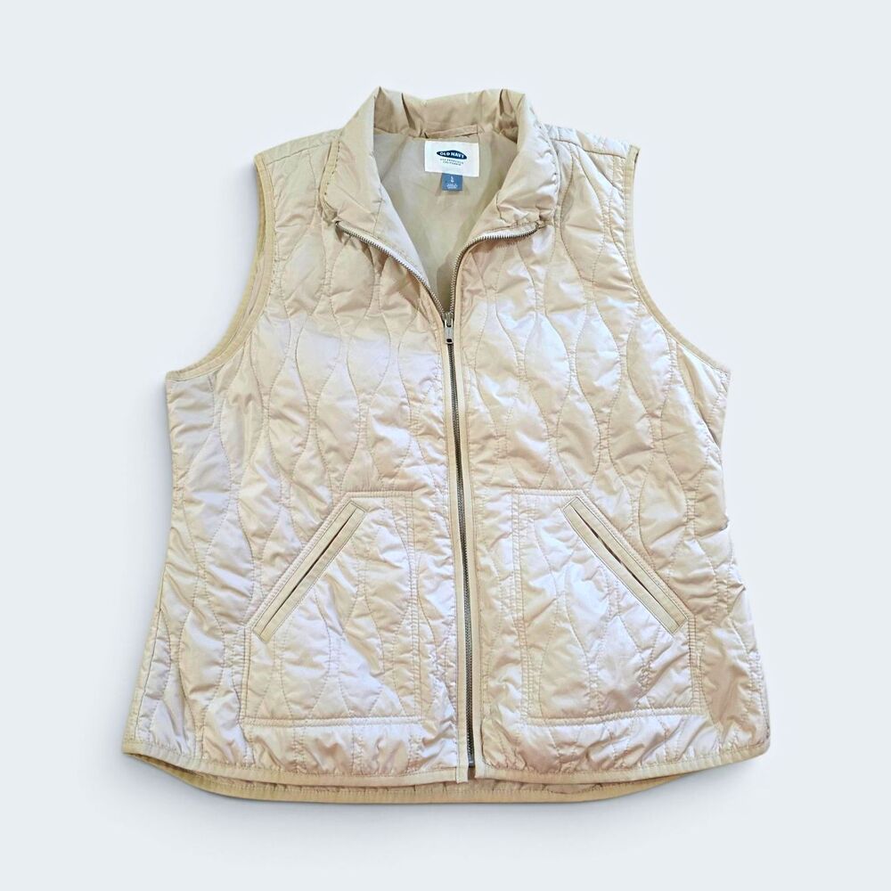 Old Navy Women's Quilted Puffer Vest Creamy Light Beige Full Zip Size Large
